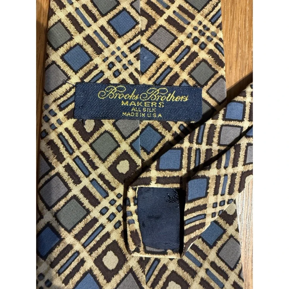 Brooks Brothers Makers Tie Silk USA Vintage Geometric Plaid Blue Tan 3.5